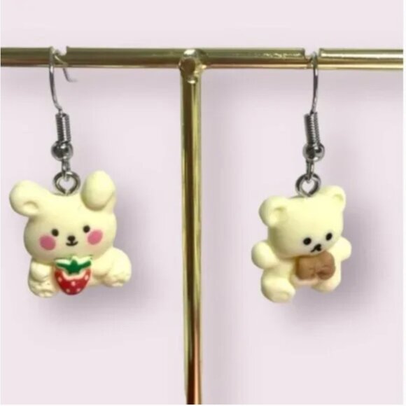 ⭐️❤️ FREE Bear Bunny Rabbit Strawberry Bow Tie Cute Graphic Art Artsy Earrings - Picture 1 of 5
